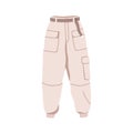 Trousers, modern women clothes. Casual apparel, cargo pants with elastic cuff, belt, patch pockets. Trendy stylish