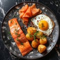 Trout Fillet and Poached Egg with Warm Potatoes, Arancino and Smoked Salmon, Sliced Red Fish