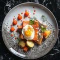 Trout Fillet and Poached Egg with Warm Potatoes, Arancino and Smoked Salmon, Sliced Red Fish