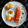 Trout Fillet and Poached Egg with Warm Potatoes, Arancino and Smoked Salmon, Sliced Red Fish