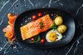 Trout Fillet and Poached Egg with Warm Potatoes, Arancino and Smoked Salmon, Sliced Red Fish