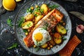 Trout Fillet and Poached Egg with Warm Potatoes, Arancino and Smoked Salmon, Sliced Red Fish