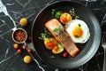 Trout Fillet and Poached Egg with Warm Potatoes, Arancino and Smoked Salmon, Sliced Red Fish