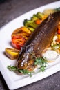 Trout fish with grilled vegetables on a white plate. Isolated on a black background. Royalty Free Stock Photo