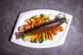 Trout fish with grilled vegetables on a white plate. Isolated on a black background. Royalty Free Stock Photo