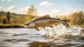 Trout fish jumping out of river water. Fishing concept. Background with selective focus. Royalty Free Stock Photo