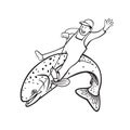 Trout Fisherman Riding Steelhead or Rainbow Trout Retro Stencil Black and White Royalty Free Stock Photo