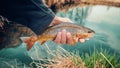 Trout in the hand of angler. Fishing