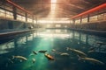 Trout in the pool at the fish farm, illustration. Generative AI