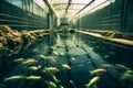 Trout in the pool at the fish farm, illustration. Generative AI