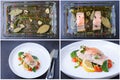 Trout salmon with vegetables, lemon and microgreens, cooked by the confit method. Traditional French dish. Recipe step by step.