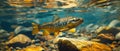 Trout swims underwater in mountain river, wild fish in freshwater of stream. Concept of salmon, wildlife, under water, fresh, Royalty Free Stock Photo