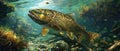 Trout swims underwater in river, view of wild fish in freshwater, sky and mountain. Concept of salmon, wildlife, under water, Royalty Free Stock Photo