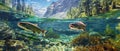 Trout swims underwater in river, view of wild fish in freshwater, sky and mountain. Concept of salmon, wildlife, under water, Royalty Free Stock Photo