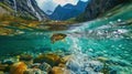 Trout swims underwater in river, view of wild fish in freshwater, sky and mountain. Concept of salmon, wildlife, under water, Royalty Free Stock Photo