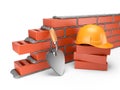 Trowel and bricks wall 3D. Work place. Royalty Free Stock Photo