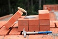 Trowel and hammer on the bricks