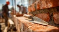 Trowel resting on freshly laid red bricks during active masonry work with blurred construction workers in the bright outdoor Royalty Free Stock Photo