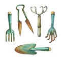 Trowel , shears, hayfork and other paraphernalia necessary for garden improvements. Royalty Free Stock Photo