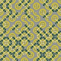 Truchet generative art random circles and wavy lines vector seamless pattern background. Backdrop of yellow and grey