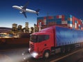 Fast truck on road delivering at night with cargo and airplane in background. 3D Rendering Royalty Free Stock Photo