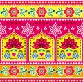 Indian and Pakistani truck art inspired vector seamless pattern with lotus flowers, retro floral Diwali colorful folk art pattern Royalty Free Stock Photo