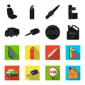 Truck with awning, ignition key, prohibitory sign, engine oil in canister, Vehicle set collection icons in black,flet