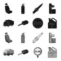 Truck with awning, ignition key, prohibitory sign, engine oil in canister, Vehicle set collection icons in black