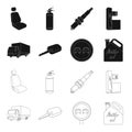 Truck with awning, ignition key, prohibitory sign, engine oil in canister, Vehicle set collection icons in black,outline