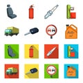 Truck with awning, ignition key, prohibitory sign, engine oil in canister, Vehicle set collection icons in cartoon,flat