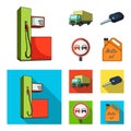 Truck with awning, ignition key, prohibitory sign, engine oil in canister, Vehicle set collection icons in cartoon,flat