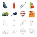 Truck with awning, ignition key, prohibitory sign, engine oil in canister, Vehicle set collection icons in cartoon