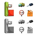 Truck with awning, ignition key, prohibitory sign, engine oil in canister, Vehicle set collection icons in cartoon