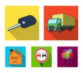 Truck with awning, ignition key, prohibitory sign, engine oil in canister, Vehicle set collection icons in flat style