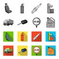 Truck with awning, ignition key, prohibitory sign, engine oil in canister, Vehicle set collection icons in monochrome