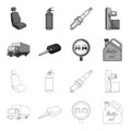 Truck with awning, ignition key, prohibitory sign, engine oil in canister, Vehicle set collection icons in outline