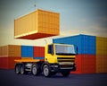 Truck on background of stack of freight containers Royalty Free Stock Photo