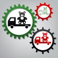 Truck with bear. Vector. Three connected gears with icons at grayish background.. Illustration.
