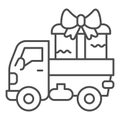 Truck with a big gift thin line icon, shopping concept, delivery truck with a big gift sign on white background, cargo Royalty Free Stock Photo