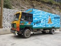 Trucks at the border port of Jilong Town, Jilong County, Xigaze, Tibet, China.