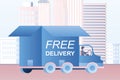 Truck with box and urban view on background. Free delivery.Cargo Transportation and Delivery Industry