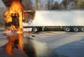 Truck burn on the highway Royalty Free Stock Photo