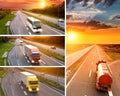 Truck and bus on highway at sunset - collage Royalty Free Stock Photo