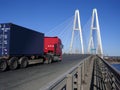 Truck on an cable-braced bridge Royalty Free Stock Photo