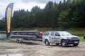 Truck with canoe for water competition. Ceahlau Water Music Festival in Romania