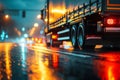 Truck car moving on road at night. Motion blur, light trails. Transportation, transport logistic concept