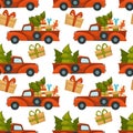 Truck car with pine tree and presents pattern Royalty Free Stock Photo