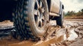 Truck car spins its wheels in the mud close-up view Royalty Free Stock Photo