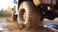 Truck car spins its wheels in the mud closeup