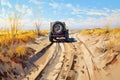 Truck car wheel on offroad steppe adventure trail, travel, destination scenics